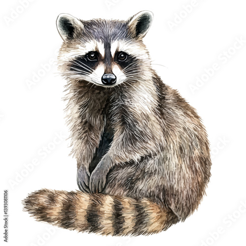 Raccoon A Beautifully Detailed, watercolor illustration, isolated on a white background.
