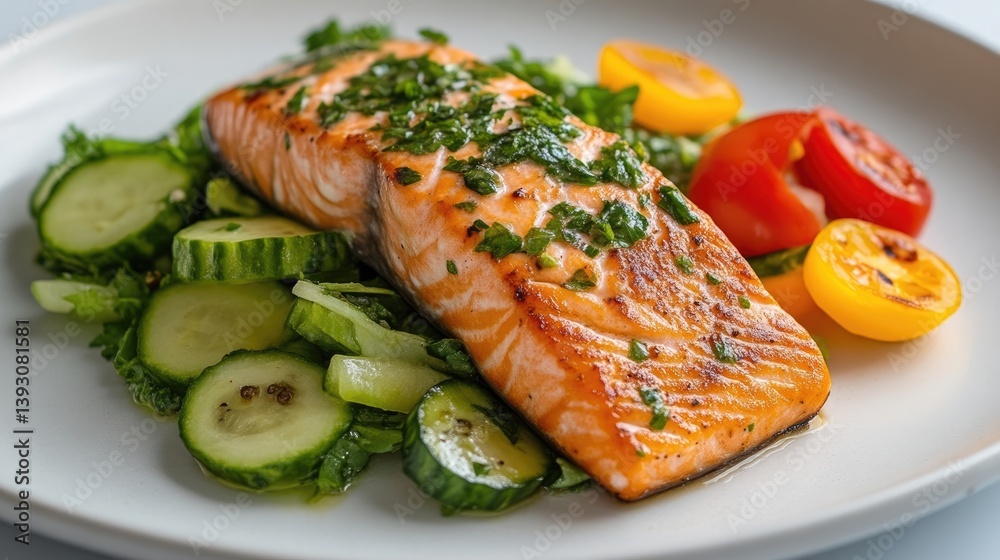 Pan-seared salmon fillet served with cucumber and cherry tomato salad Pan-seared salmon fillet served with cucumber and cherry tomato salad