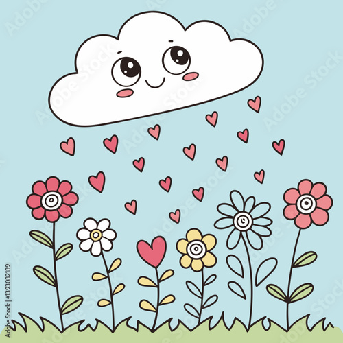 Cartoon cloud raining hearts and flowers