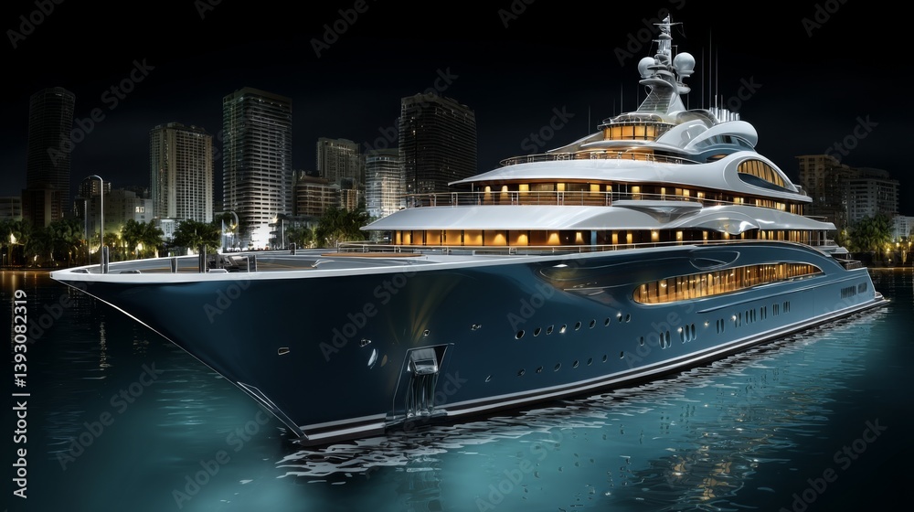 Luxurious yacht docked in a vibrant city harbor at night