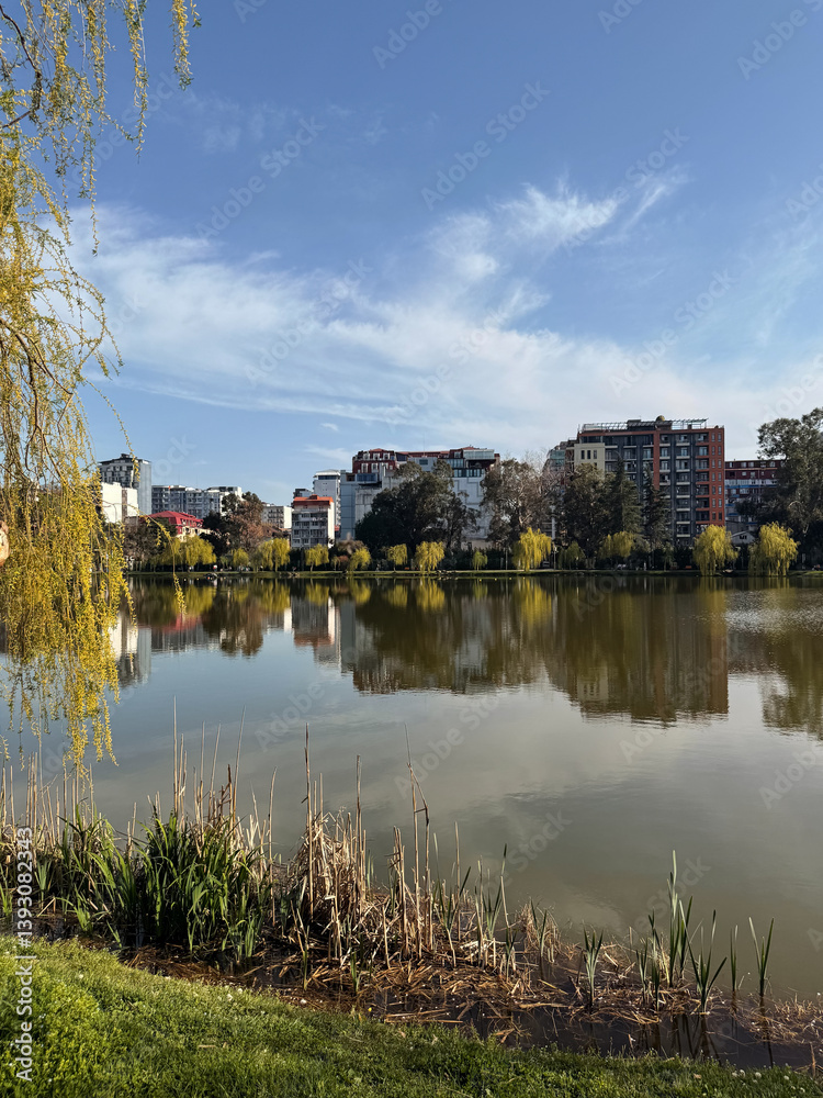 City buildings reflecting on a lake under a clear blue sky, surrounded by green grass and spring trees on a bright day. City buildings reflecting on a lake under a clear blue sky, surrounded by green grass and spring trees on a bright day.