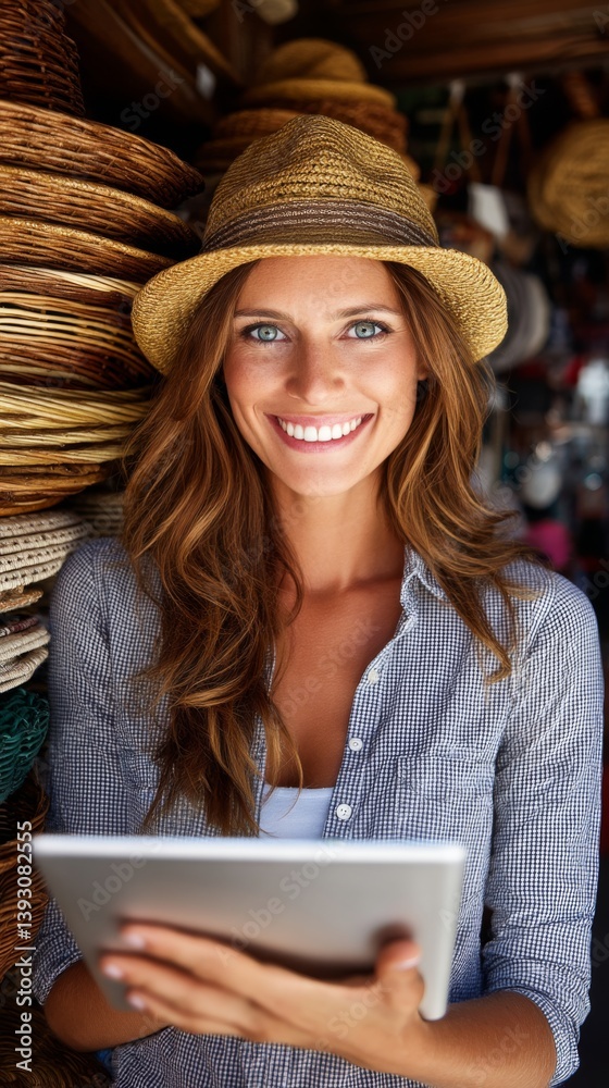 Smiling woman with long hair holding a tablet in a rustic shop