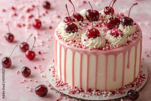 Delicate lambeth style cake with white and cream cheese, icing, decorative cherries on a colored background photo