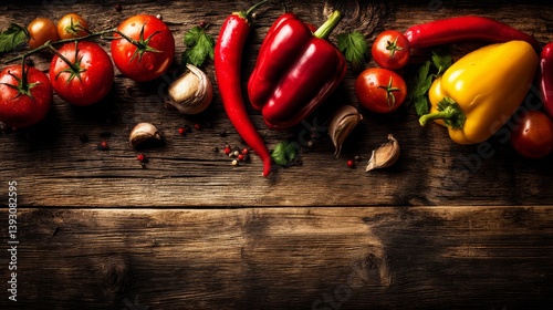 Fresh vegetables including tomatoes, peppers, and garlic on wooden table