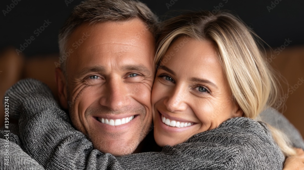 Happy couple embracing and smiling together in a cozy setting