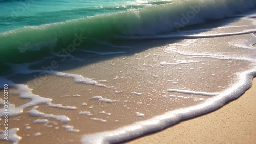 Ocean Wave Crashing on Sandy Beach at Sunset