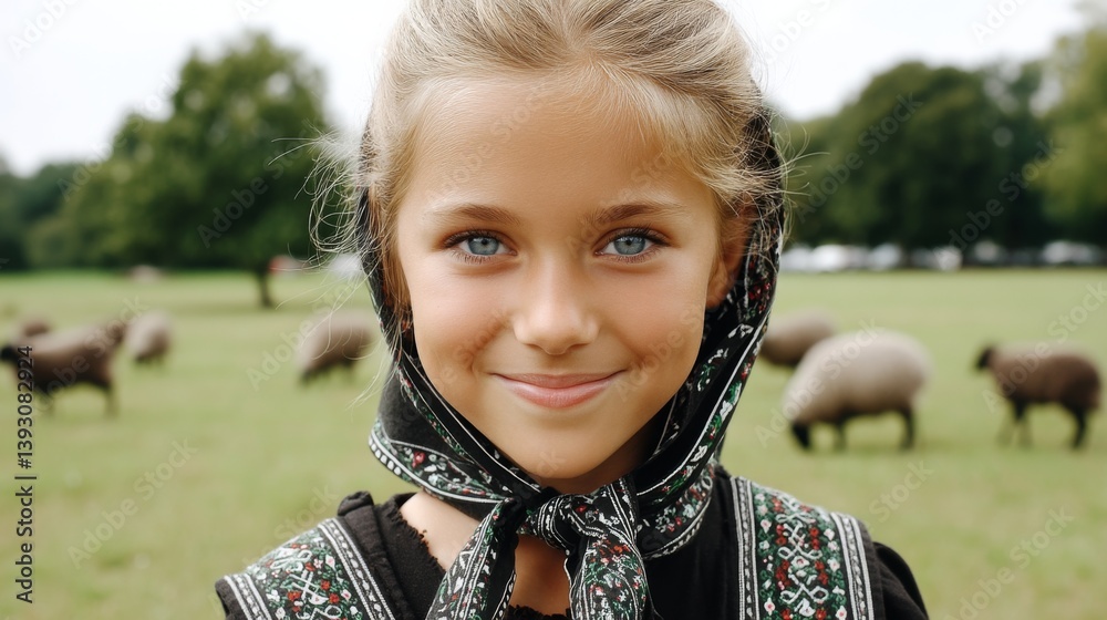 Young girl with blue eyes and traditional scarf smiling in a field
