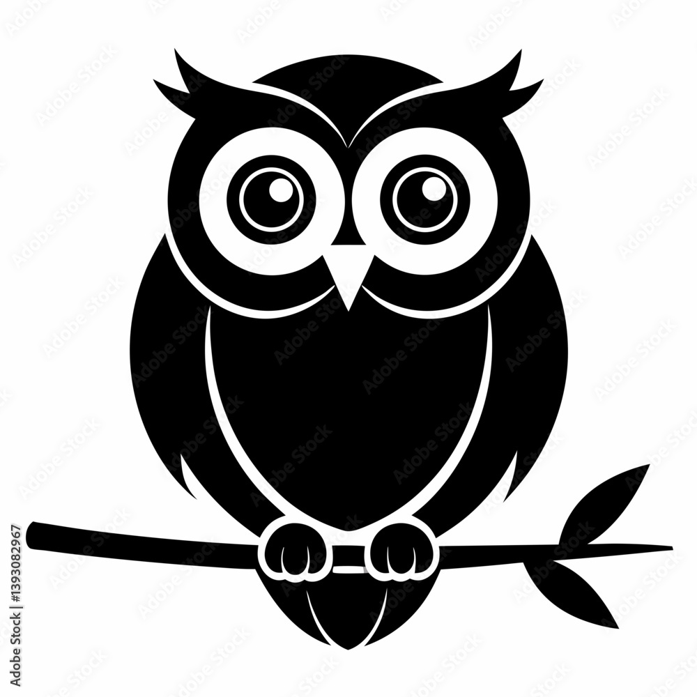 Fototapeta premium Owl Silhouette on Branch – Black Nocturnal Bird Icon with Big Eyes