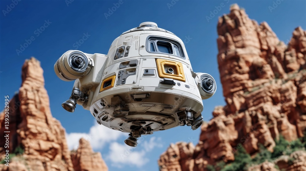 A futuristic spacecraft hovering above stunning red rock formations