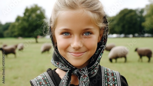 Obraz na płótnie Young girl with blue eyes and traditional scarf smiling in a field w salonie