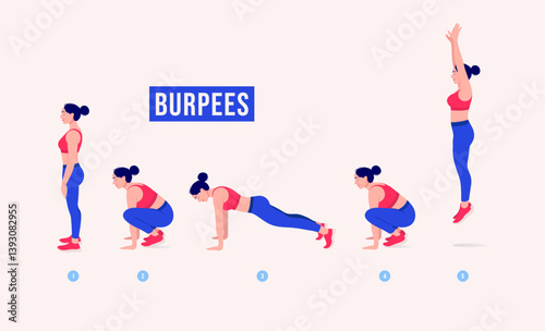 Burpees exercise, Woman workout fitness, aerobic and exercises
