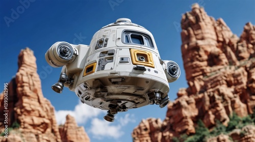 Obraz na płótnie A futuristic spacecraft hovering above stunning red rock formations w salonie