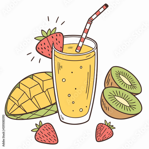Tropical smoothie with fruit toppings and straw