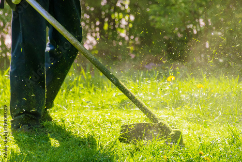 grass cutting in the park with trimmer. sunny outdoor background. lawn care nature concept. scene with working gasoline brushcutter