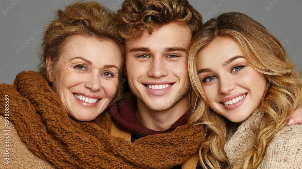 A joyful family portrait featuring a mother, son, and daughter smiling together