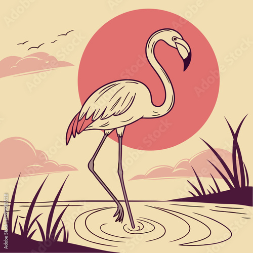 Flamingo standing in water with sun behind