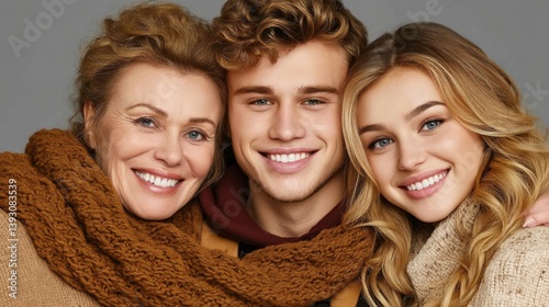 Obraz na płótnie A joyful family portrait featuring a mother, son, and daughter smiling together w salonie