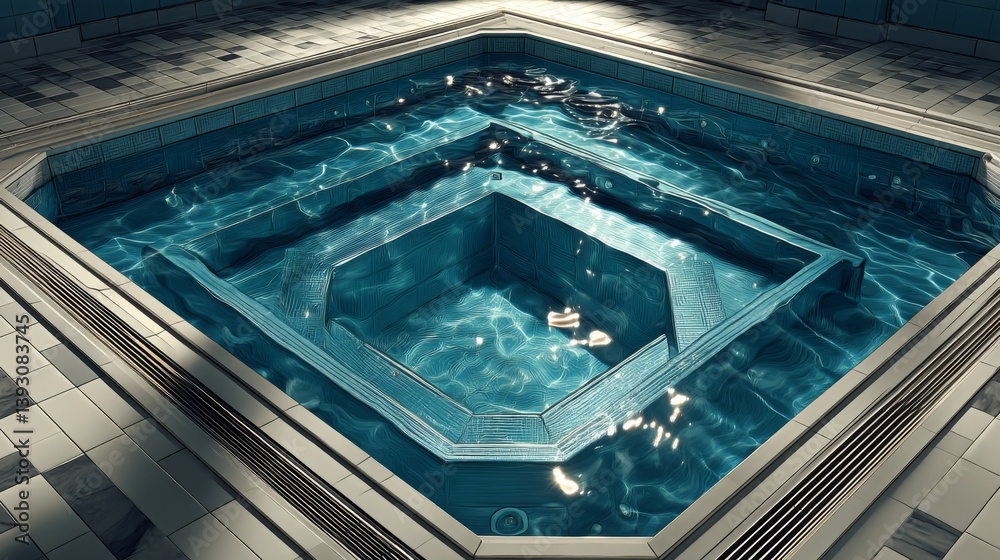 A serene swimming pool with clear blue water and elegant tile design