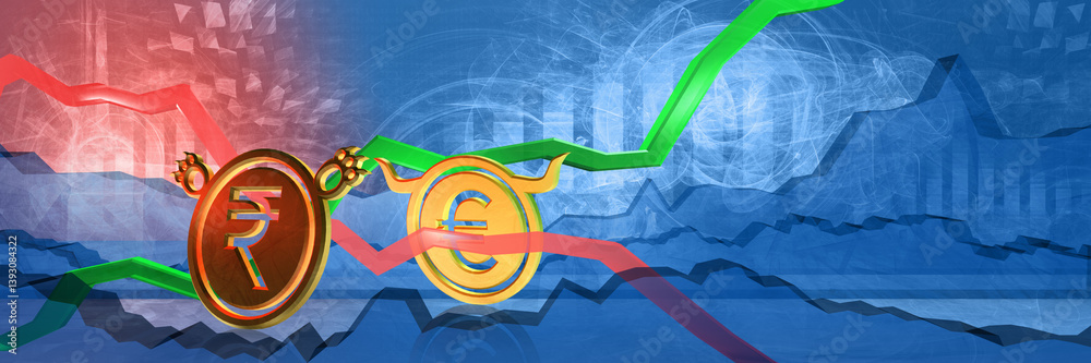 currency exchange rate background. bullish position of euro to indian rupee. graph with arrows and coins of eur and inr. economy 3D illustration of forex trading