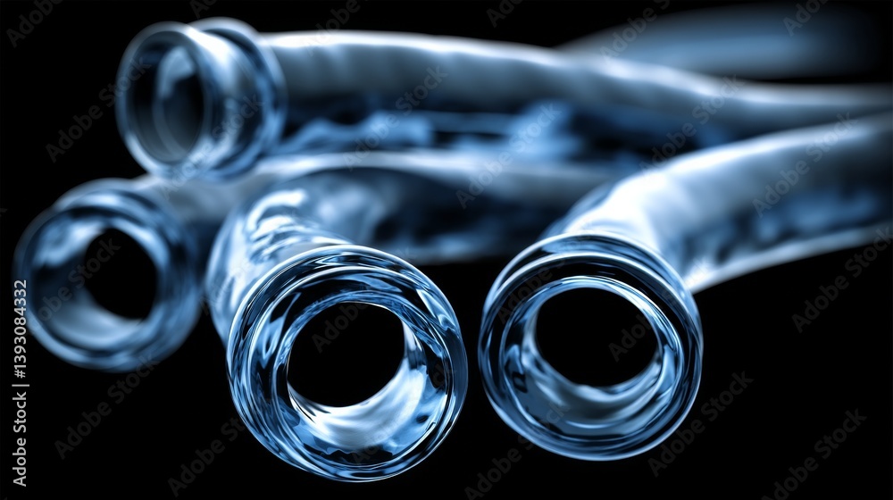 Close-up of transparent glass tubes arranged in a dynamic composition