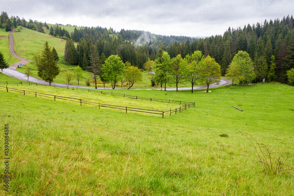 countryside landscape in spring. wooden fence on the grassy meadow and forest on the hill. beautiful view in to the valley