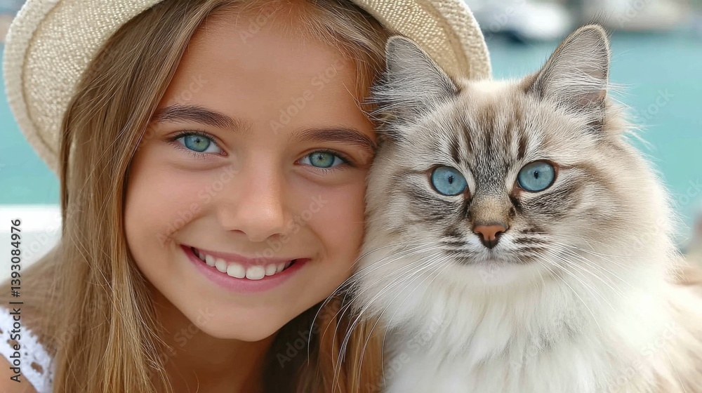 A young girl with blue eyes smiles beside her fluffy cat