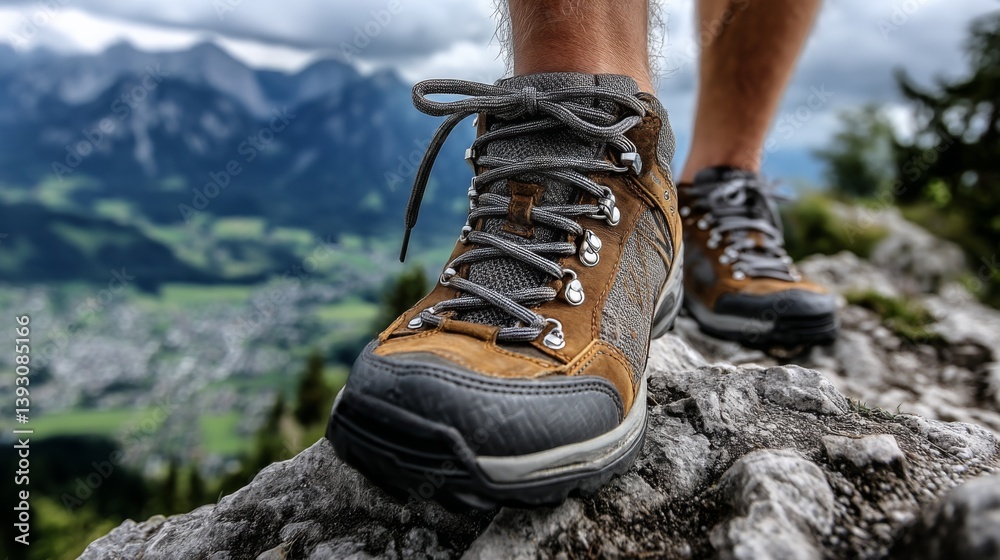 Close-up of hiking boots on rocky terrain with a scenic mountain backdrop