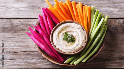 Colorful platter of fresh vegetables including radishes, carrots, and celery served with creamy dip photo
