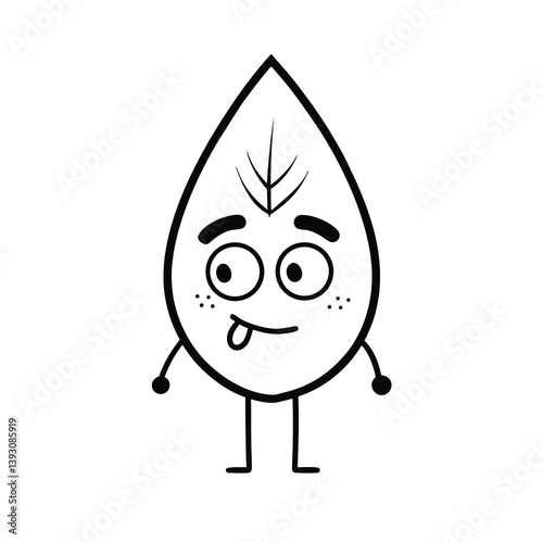 Cartoon Green Leaf Character – Waving and Smiling, Fun Mascot Illustration line art