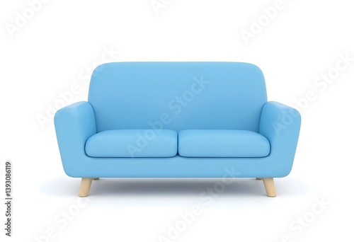 Cozy Blue Sofa with Wooden Legs Isolated on White Background