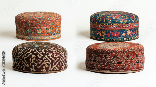 Uzbek skullcap in four foreshortenings, isolated on white background