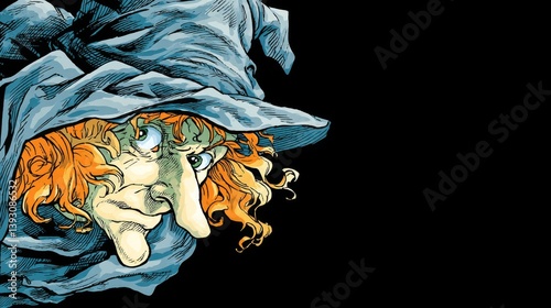 A mysterious character with curly orange hair and a hooded cloak