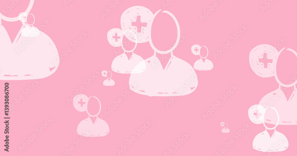 Image of online white people icons moving on pink background Image of online white people icons moving on pink background