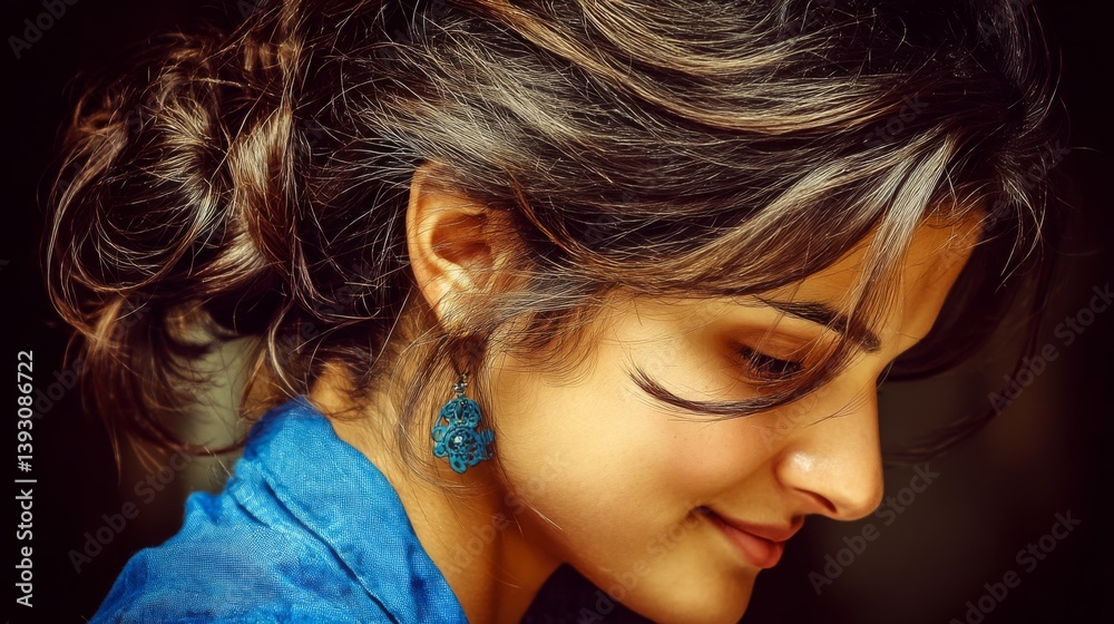 A woman with dark hair and blue earrings gazes thoughtfully to the side