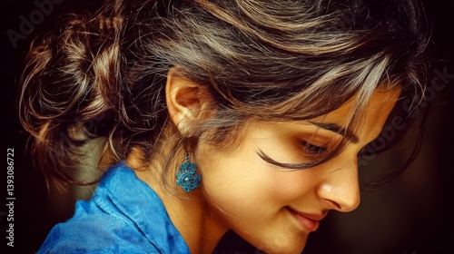 Obraz na płótnie A woman with dark hair and blue earrings gazes thoughtfully to the side w salonie