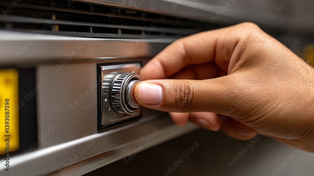 Hand adjusting a combination lock on a safe in a modern setting