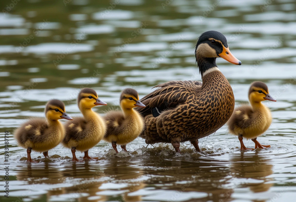 Mother Duck Leads Ducklings in Line Through Water: A Touching Family Bond Scene Mother Duck Leads Ducklings in Line Through Water: A Touching Family Bond Scene