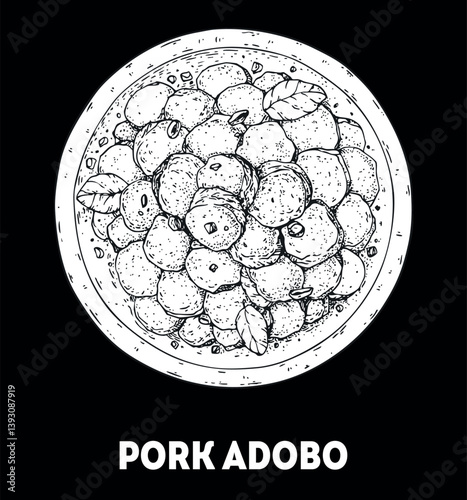 Pork adobo hand-drawn sketch - Traditional Filipino Food - Vector illustration. Top view