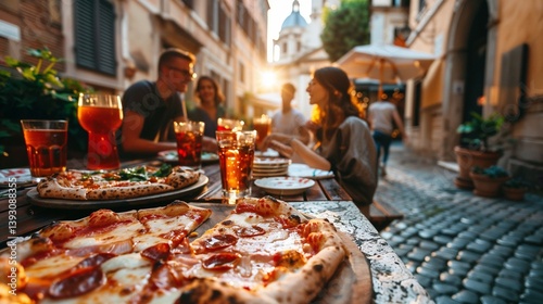 Fototapeta Naklejka Na Ścianę i Meble -  Friends happily dining on pizza and drinks outdoors against a sunlit European street at sunset