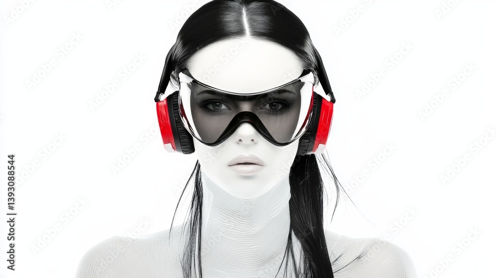 A striking model wearing red headphones and ski goggles against a white background