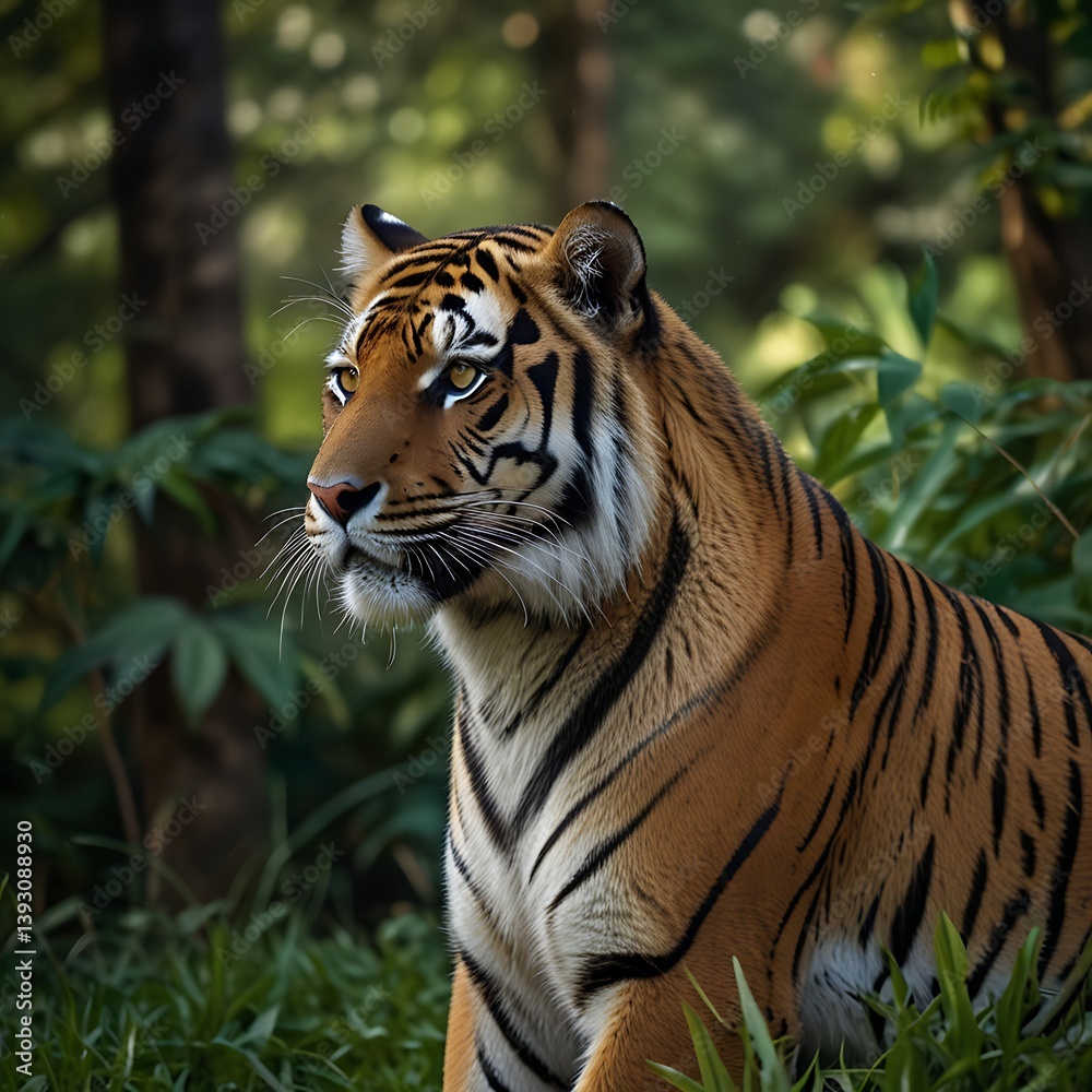 Obraz premium beautiful bengal tiger with lush green habitat background