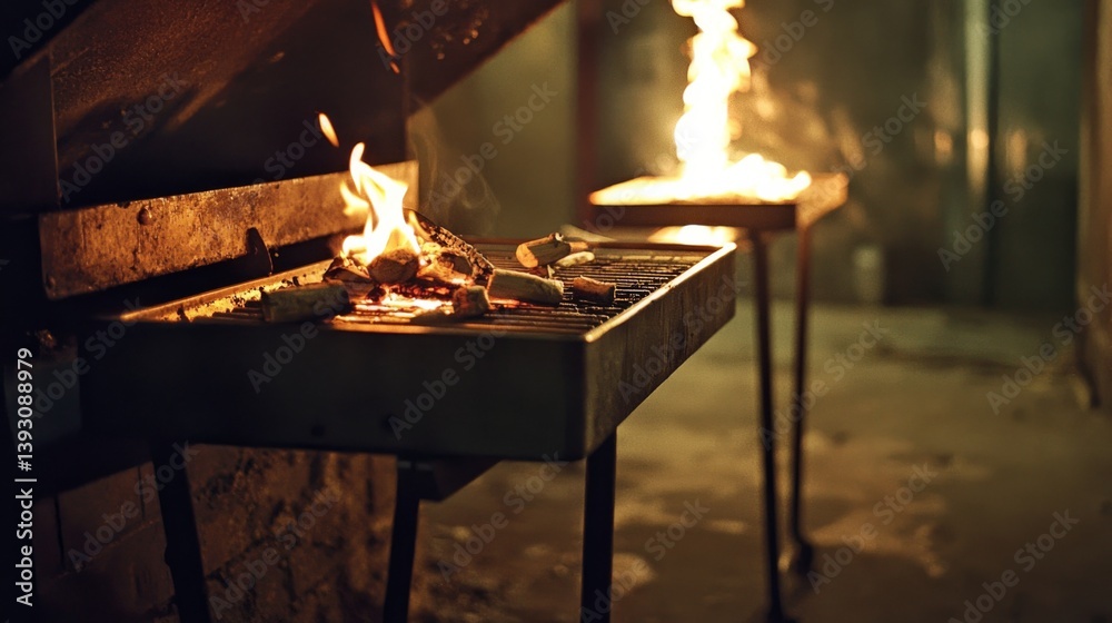 Grilled meat sizzling on a barbecue with flames and smoke rising