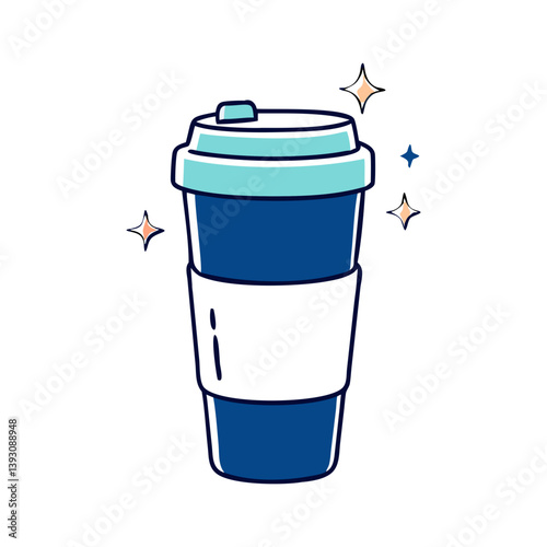 Modern vector of a dark blue reusable coffee cup with a light lid and sleeve, accented by sparkles for a clean, eco look.