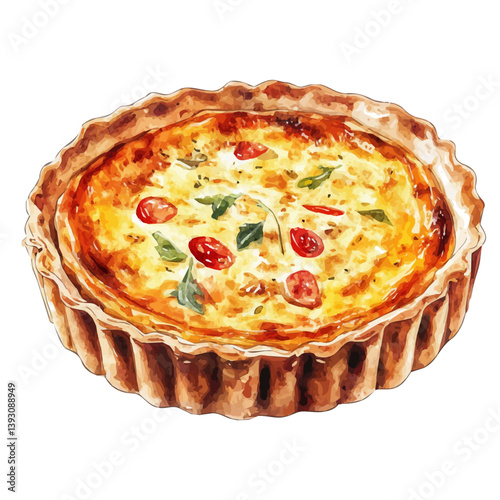 watercolor of Quiche Lorraine A Beautifully Detailed, isolated on a white background.