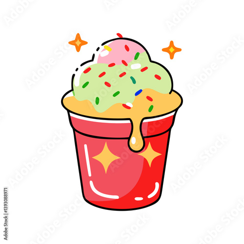 Fun vector of a colorful ice cream scoop in a red cup, topped with rainbow sprinkles and a dripping sauce.
