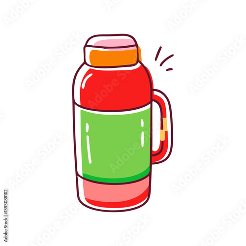 Playful vector of a red and green thermos with a handle, ideal for hot or cold drinks in a fun and functional design.