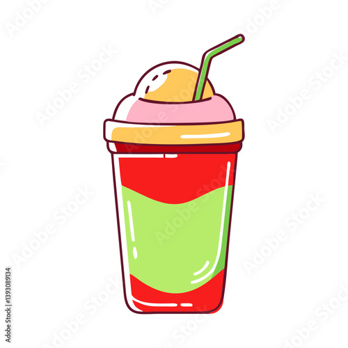 Bright vector of a red and green layered drink topped with a scoop of ice cream and a straw, full of fun and summer vibes.