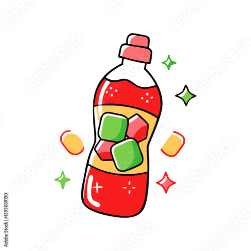 Energetic vector of a red fizzy drink bottle filled with green and red ice cubes, sparkling details, and a playful design.