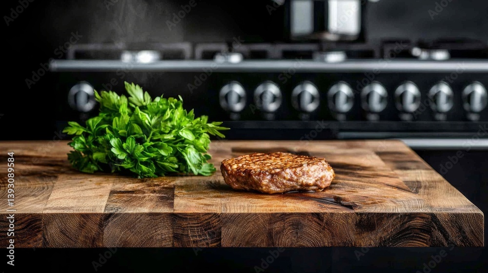 Freshly grilled steak served with vibrant parsley on a wooden cutting board