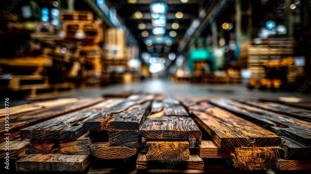Close-up of wooden planks stacked in a warehouse setting